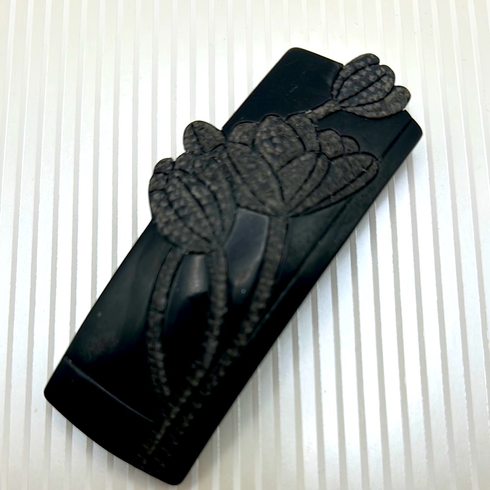 BAKELITE Vintage Black Floral Carved Barrette/Hairclip